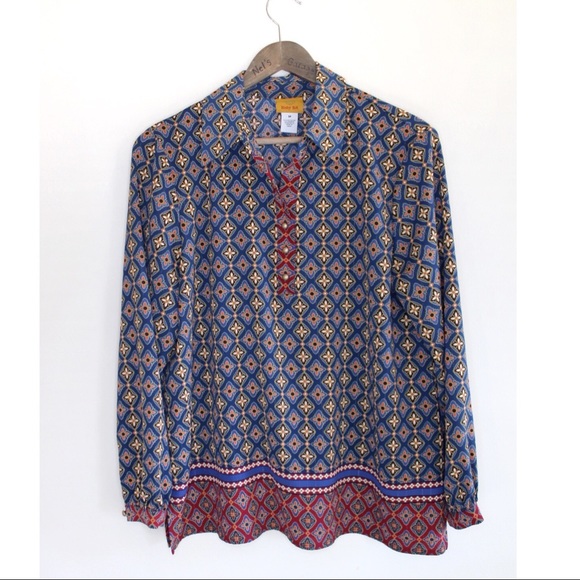 Vintage 70s Retro Print Collar and Button Loose fitting Top Medium Large Ruby - Picture 1 of 9